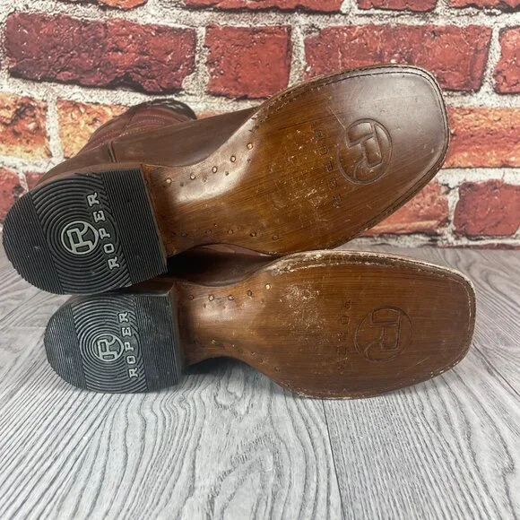 Roper Womens Brown/Red Leather Old Glory Americana Cowboy Boots - Picture 4 of 6